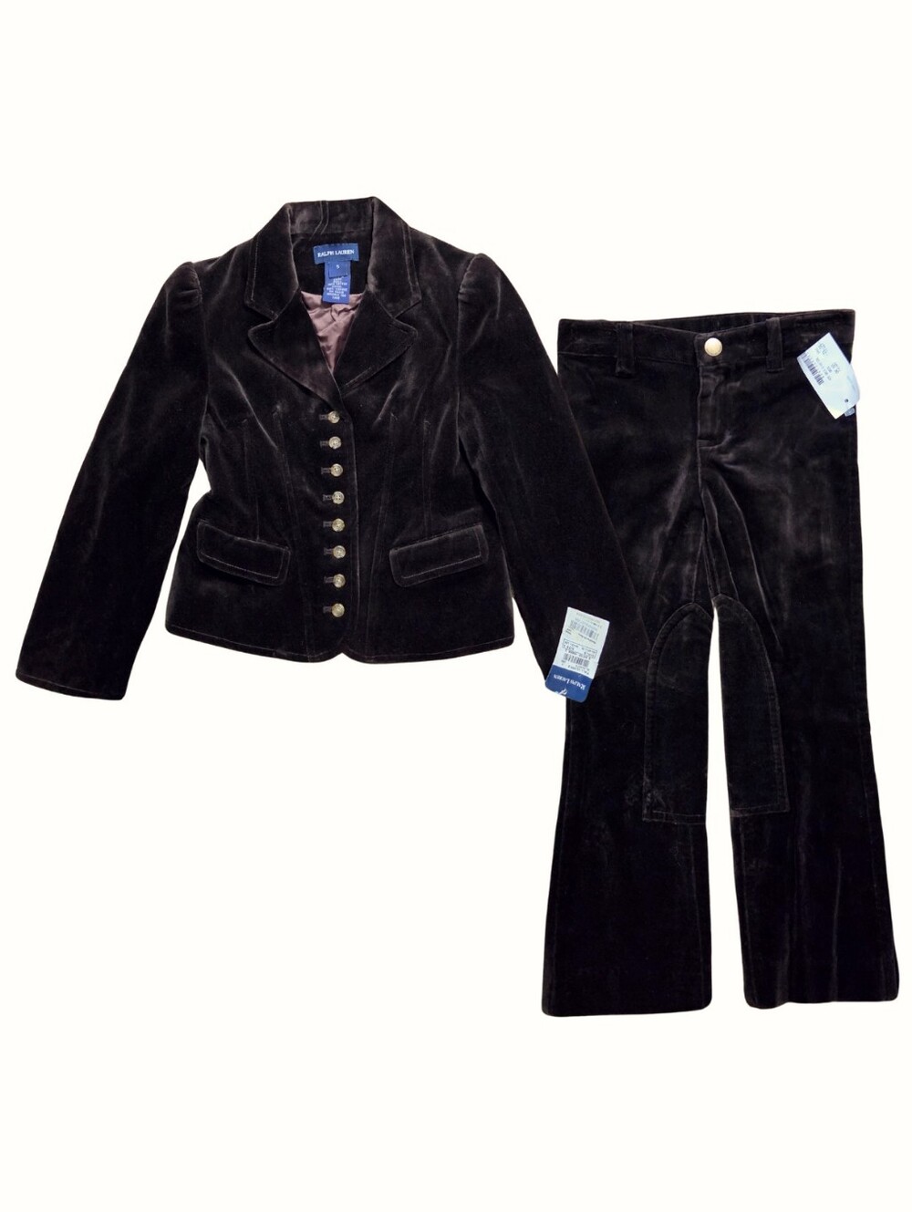 Vintage Ralph Lauren Velvet Blazer Pant Set Girls 5 Brown Equestrian Preppy NEW